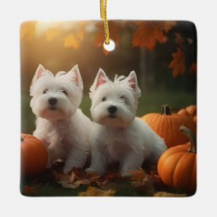 West Highland Witte Terriër Puppy Herfst Pompoen Keramisch Ornament