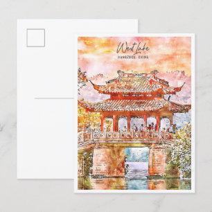West Lake Hangzhou China vintage reizen waterverf Briefkaart