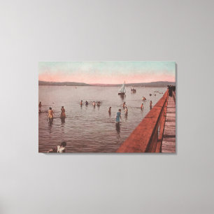 West Seattle, WA - Bathing at Coney Island Beach Canvas Afdruk
