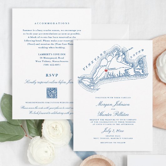 West Tisbury MA All-in-One Blue QR Code Wedding Kaart