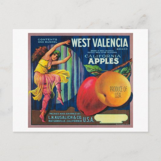 West Valencia Apple Crate LabelWatsonville, CA Briefkaart (Voorkant)