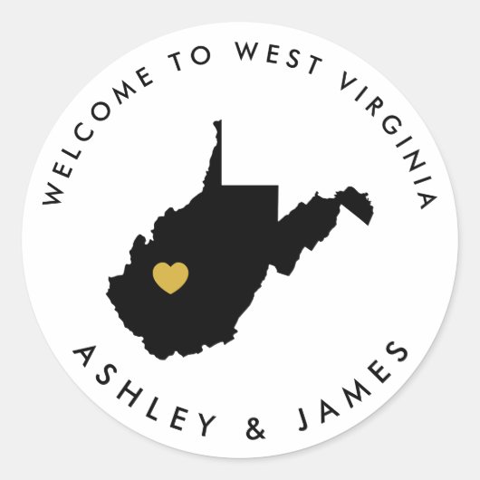 West Virginia Bruiloft Welkom Sticker Label, Goud (Voorkant)
