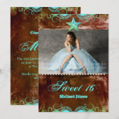 Western Afstudeerder Invitation Blue Brown Star Kaart (Voorkant / Achterkant)