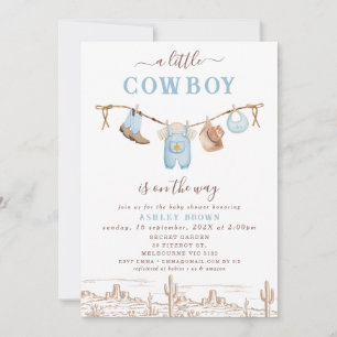 Western Blauw Bruin Clothesline Cowboy Baby shower Kaart