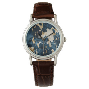 Western Blauw Bruin Goud Koeienhuid Horloge