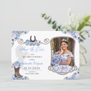 Western blauw quinceañera bewaar de datum foto kaart