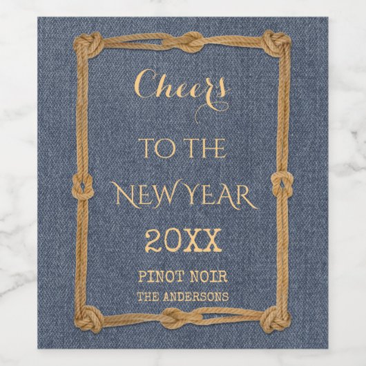 Western Blue Denim Touw Nieuwjaarsgroet Wijn Etiket (Enkel label)