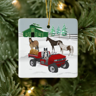 Western Boerderij Horse Ranch Red ATV Dog and Barn Keramisch Ornament