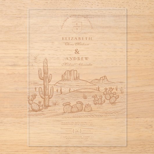 Western Boho Cactus Desert Landscape Bruiloft Acryl Uitnodigingen (Voorkant)