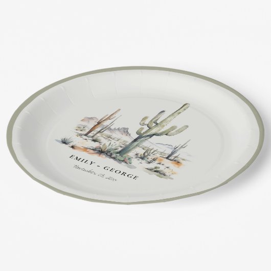 Western Boho Cactus Desert Landscape Bruiloft Papieren Bordje (Gekanteld)
