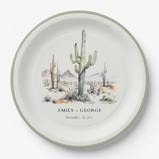 Western Boho Cactus Desert Landscape Bruiloft Papieren Bordje (Voorkant)