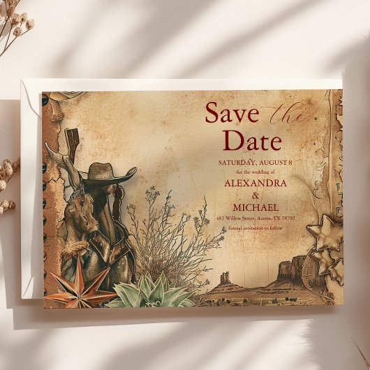 Western Boho Cactus Desert Landscape Bruiloft Save The Date