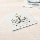 Western Boho Cactus Desert Landscape Bruiloft Vierkante Kartonnen Onderzetter (Schuin)