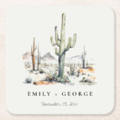 Western Boho Cactus Desert Landscape Bruiloft Vierkante Kartonnen Onderzetter (Voorkant)