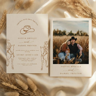 Western Boho Pampas Grass Cowboy Photo Wedding Kaart