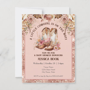 Western Boho Pink Floral Cowgirl Baby shower Kaart