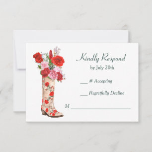 Western Boot Red Roses Bruiloft RSVP Kaartje