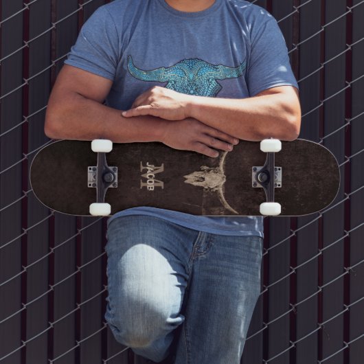 Western bruin beige Old Rustic Bull Skull Monogram Skateboard (Buiten 3)