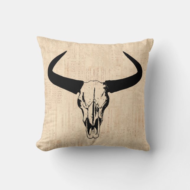 Western Bull Horns  Cow Skull Beige Script Kussen (Voorkant)