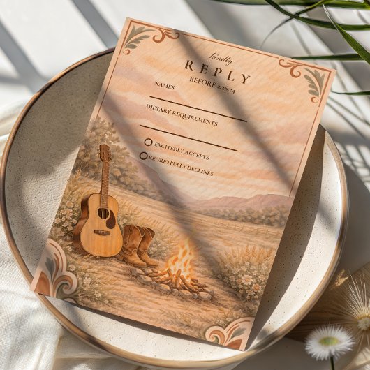 Western Campfire Guitar Meadow Wedding RSVP Kaartje