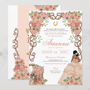 Western Charro Quinceañera Roos Gouden Blozen Bloe Kaart