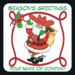 Western Christmas Cowboy Père Noël personnalisable<br><div class="desc">Stickers Père Noël Cowboy de Noël occidental avec bordure en corde Changer le texte en votre nom ou nom d'entreprise</div>