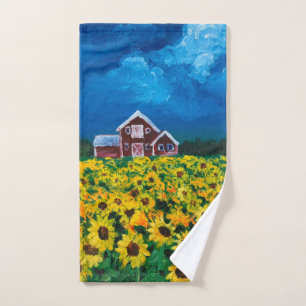 western country red barn summer sunflower field