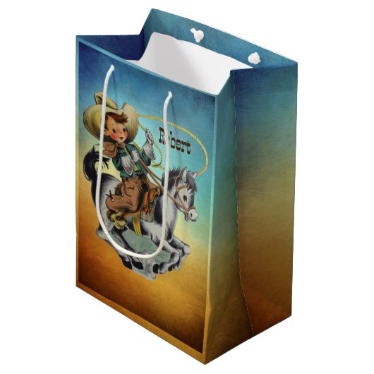 Western Cowboy Kind Op Paard Met Touw Medium Cadeauzakje (Voorkant Gekanteld)
