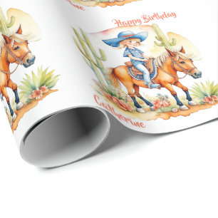Western cowgirl op paard gepersonaliseerde verjaar cadeaupapier