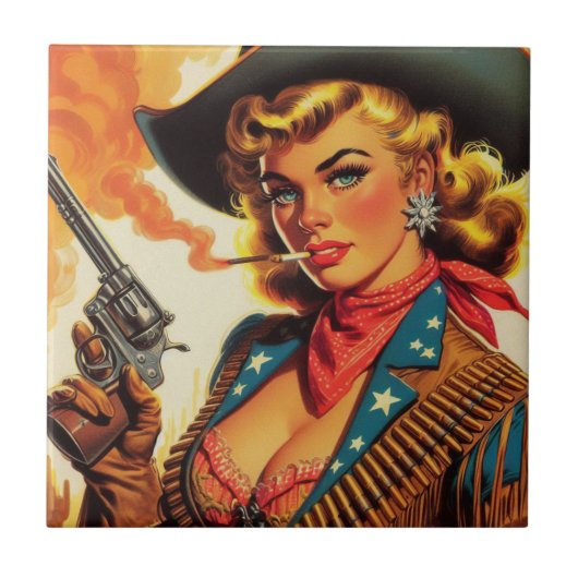  Western Cowgirl Pin Up Tegeltje (Voorkant)