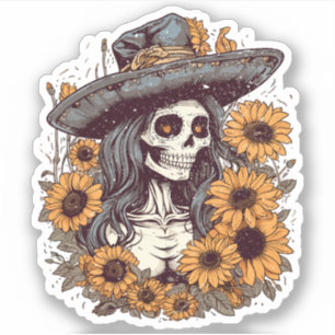 Western Cowgirl Skelet Zonnebloemen Tattoo Kunst Sticker