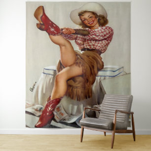  Western cowgirl zetten op rode laarzen Wandkleed