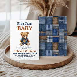 Western Denim Patchwork Bear Blue Jean Baby Shower Kaart
