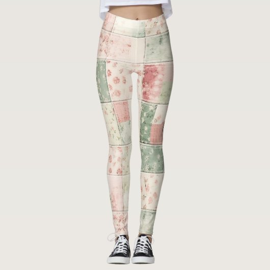 Western Farm Mint Pink Floral Quilt Patterns Leggings (Voorkant)