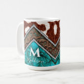 Western Faux Leather Turquoise Mix Monogram Koffiemok (Voorkant links)