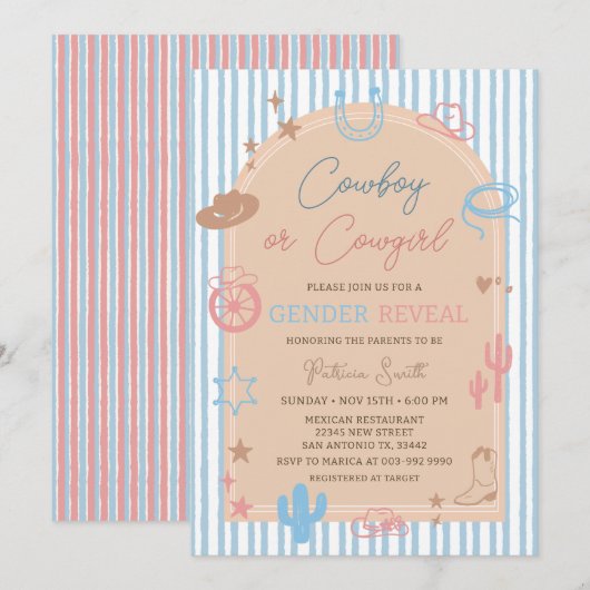 Western Gender Reveal Cowboy or Cowgirl Stripe Kaart (Voorkant / Achterkant)