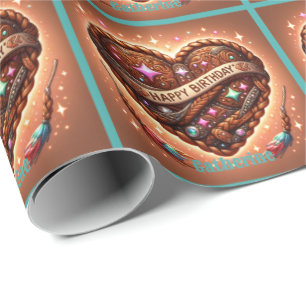 Western Happy Birthday Leather Print Heart Custom Cadeaupapier