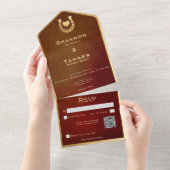 Western Hoefijzer & Hart Bourgondië & Goud QR Code All In One Uitnodiging (Afscheurbaar)