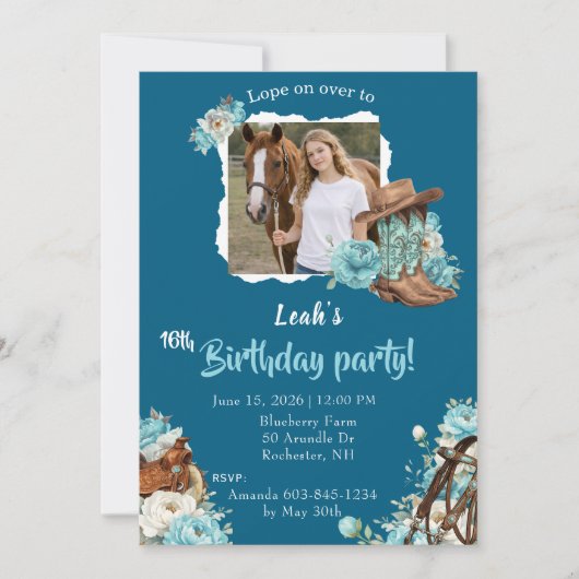 Western Horse Floral Birthday Invitation – Navy (Devant)