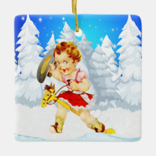 Western klein meisje op de winterscène van de aar keramisch ornament