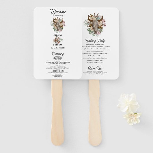 Western Land Boho Koe Schedel Wedding Programma Handwaaier (Voorkant en achterkant)