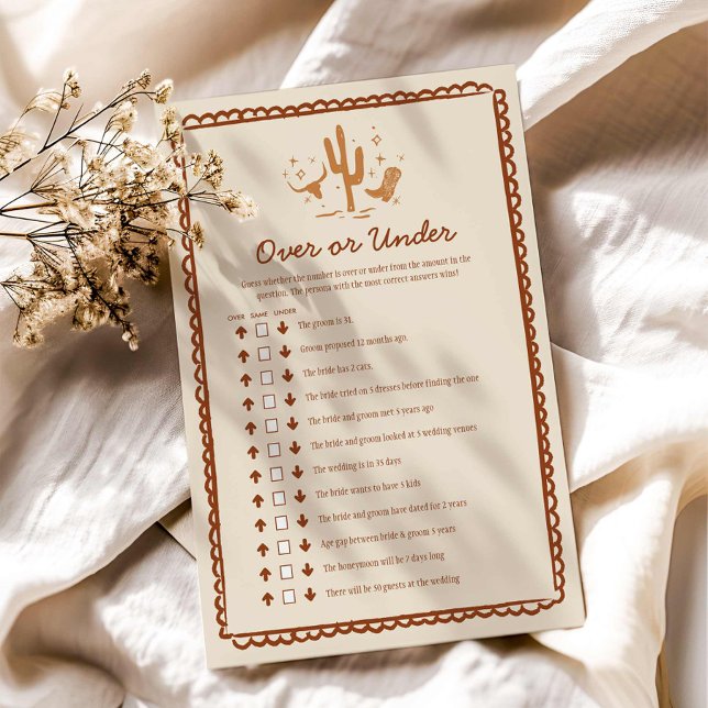 Western land over of onder bruidsspel (Rustic Country Over or Under Bridal Shower Game)