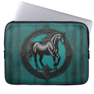 Western Land Ruitersport Blauwgroen Zwart Paard Laptop Sleeve