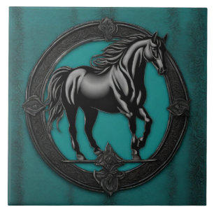 Western Land Ruitersport Blauwgroen Zwart Paard Tegeltje