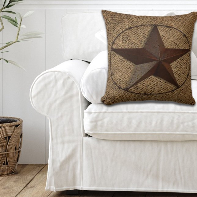Western land rustieke burlap primitieve texasstar kussen (Western Country Rustic Burlap Primitive Texas Star Throw Pillow)