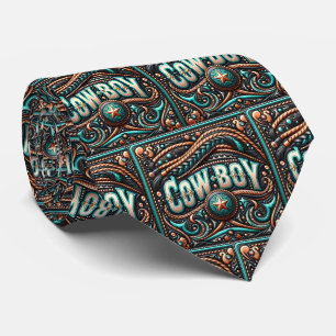 Western lederen vlecht en turquoise print cowboy stropdas