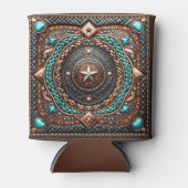 Western lederen vlecht en turquoise print op maat blikjeskoeler (Voorkant)