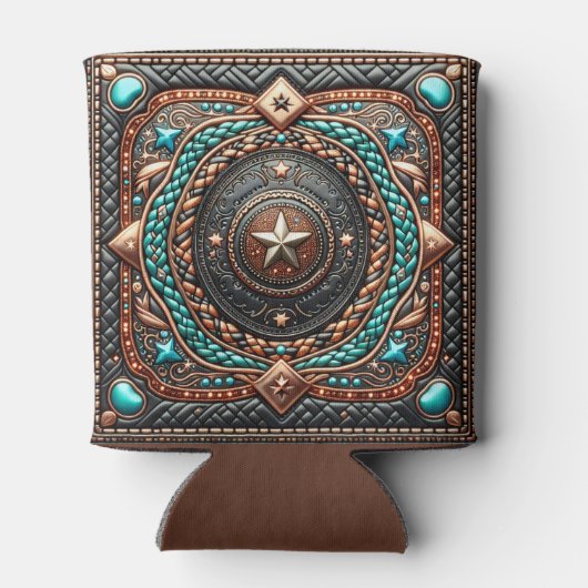 Western lederen vlecht en turquoise print op maat blikjeskoeler (Achterkant)