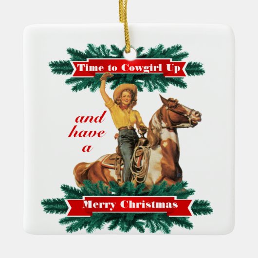 Western meisje met prettige kerst keramisch ornament (Voorkant)