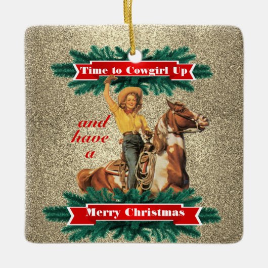 Western  meisje met vrolijk kerstfeest 2 keramisch ornament (Voorkant)